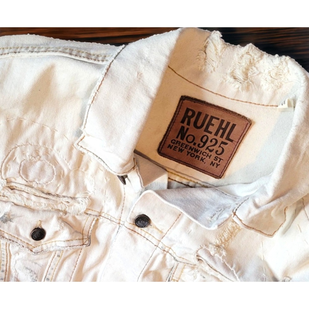 Vtg Ruehl No. 925 Distressed White Denim Jacket Shredded To Perfection XL